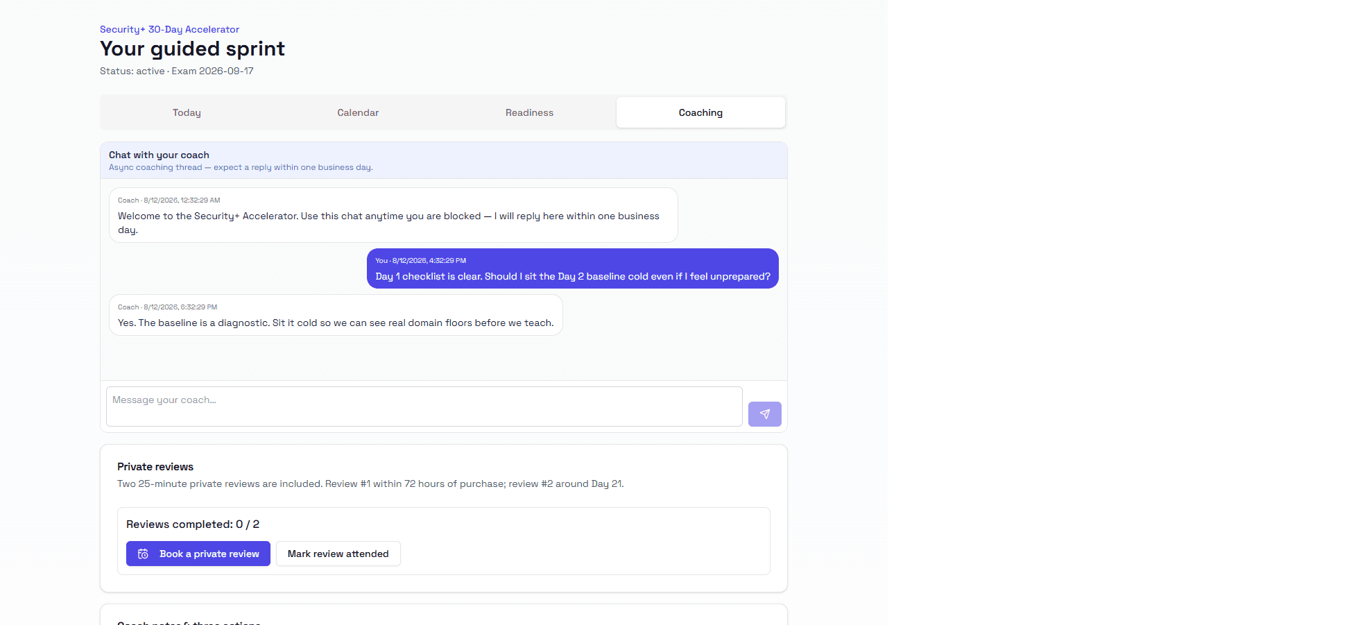 Security+ Accelerator coaching dashboard with coach chat and scheduled private reviews