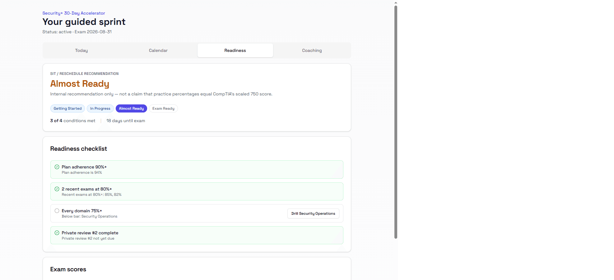 Security+ readiness panel showing adherence, practice scores, and domain accuracy