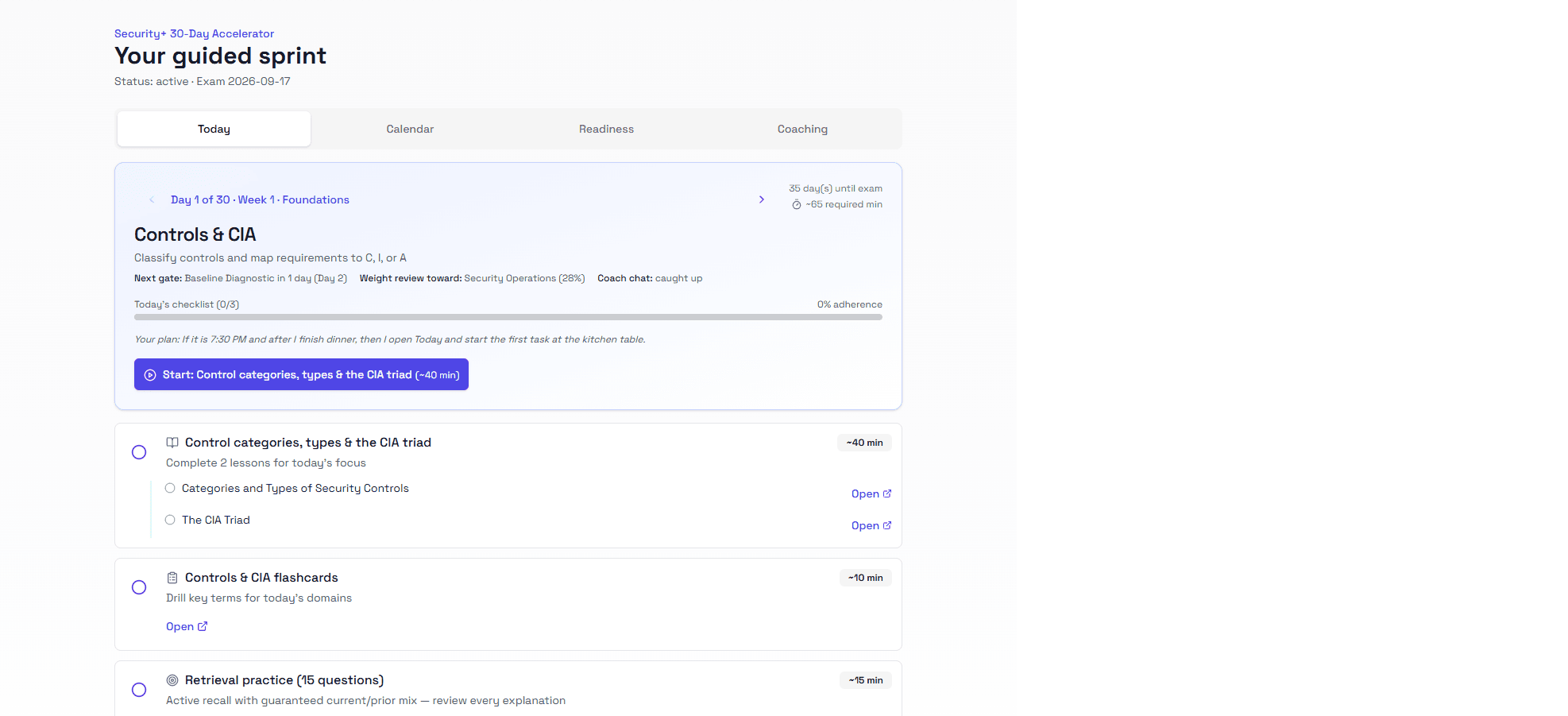 Daily Security+ study checklist with required tasks and estimated minutes